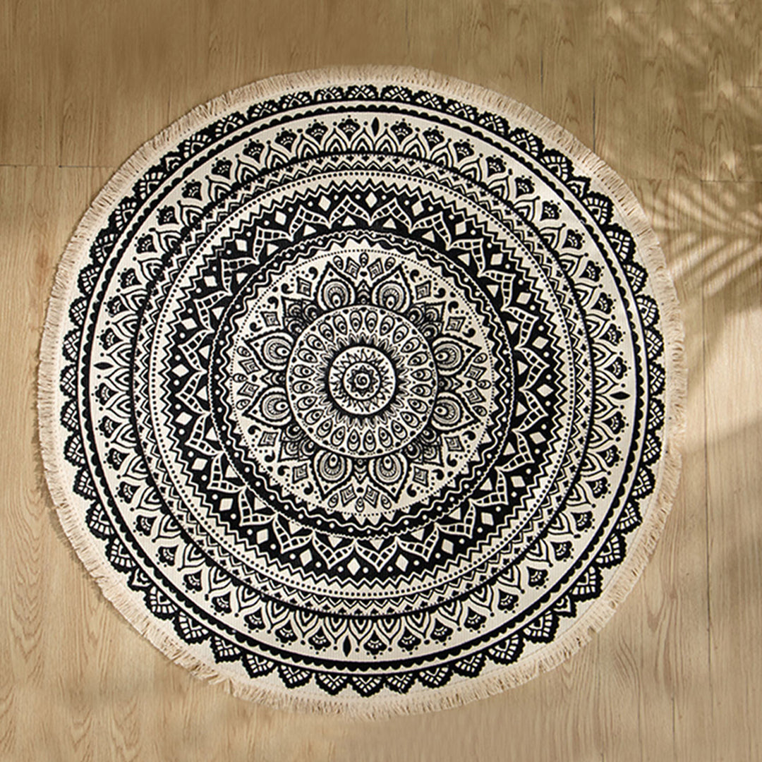 Black Carpet Soft Linen Bohemian Non-Slip Round Rug