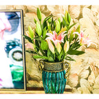 Blue European Glass Flower Vase with Two Metal Handle