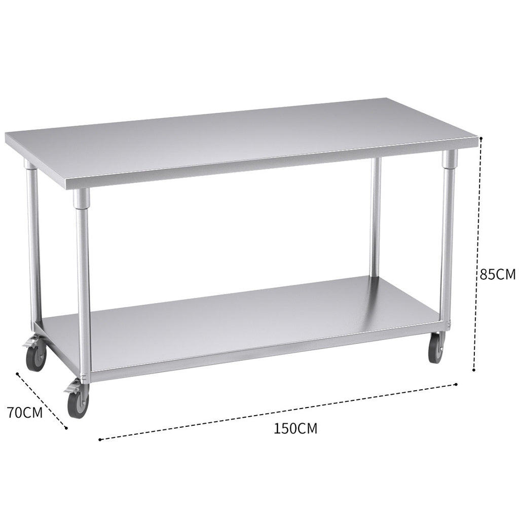 150cm Commercial Kitchen Stainless Steel Work Bench with Wheels