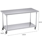 150cm Commercial Kitchen Stainless Steel Work Bench with Wheels