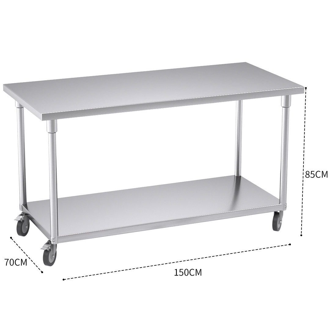 150cm Commercial Kitchen Stainless Steel Work Bench with Wheels