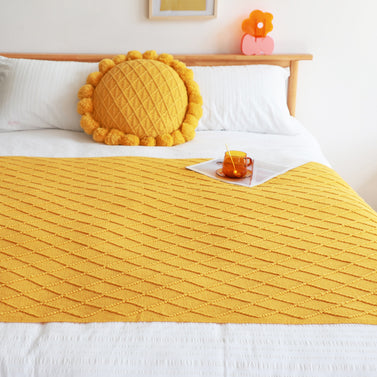 Yellow Diamond Pattern Knitted Throw Blanket
