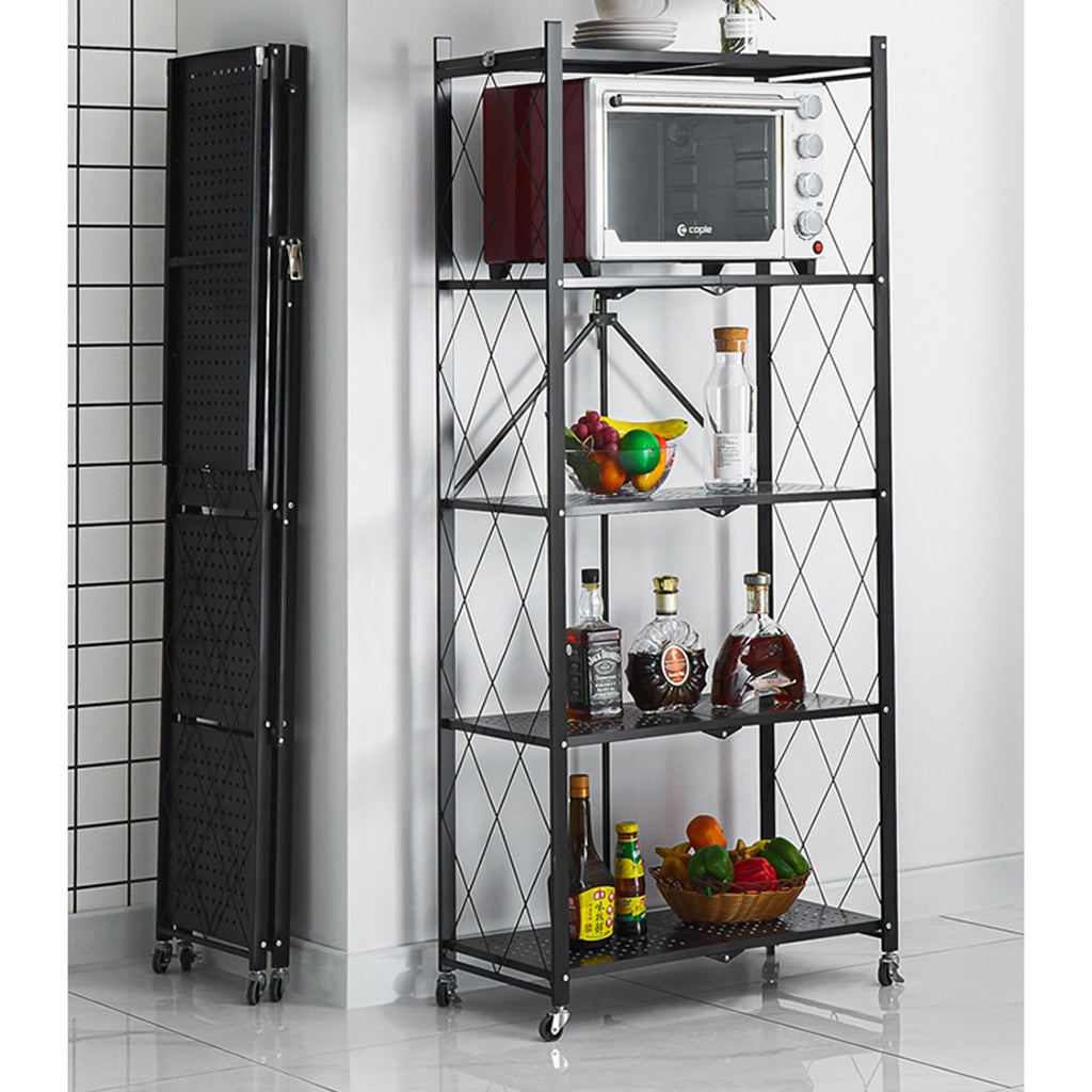 5 Tier Foldable Kitchen Shelves with Wheels Black