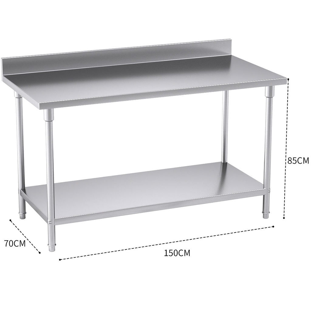 Commercial Kitchen Stainless Steel Bench Table with Back-splash 150*70*85cm