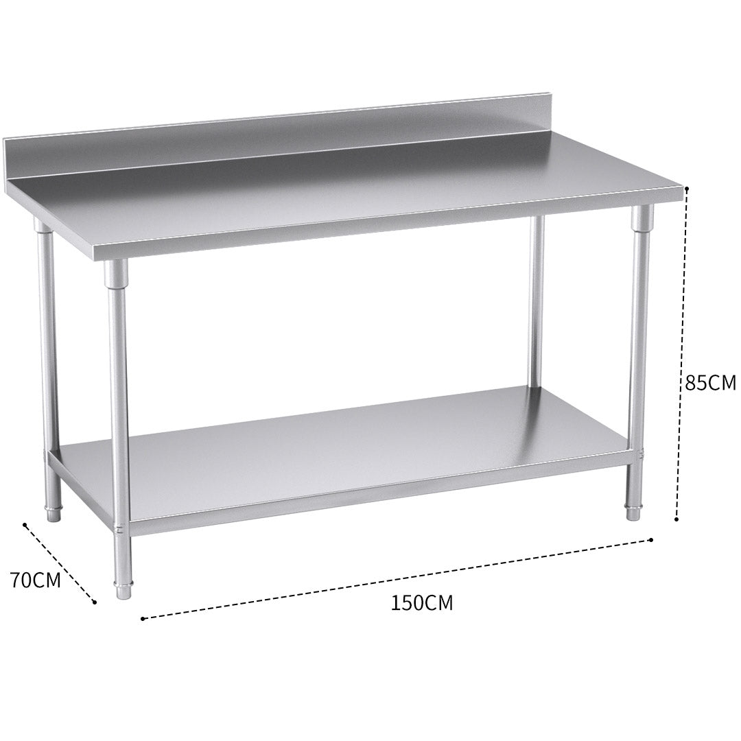 Commercial Kitchen Stainless Steel Bench Table with Back-splash 150*70*85cm