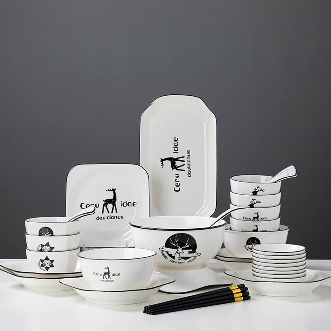 White Antler Printed Ceramic Dinnerware Set of 28