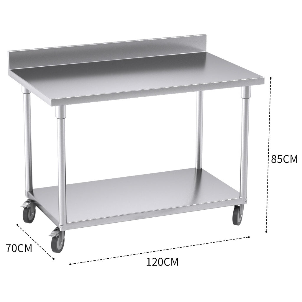 120cm Commercial Kitchen Stainless Steel Work Bench with Backsplash and Caster Wheels