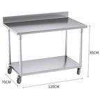 120cm Commercial Kitchen Stainless Steel Work Bench with Backsplash and Caster Wheels