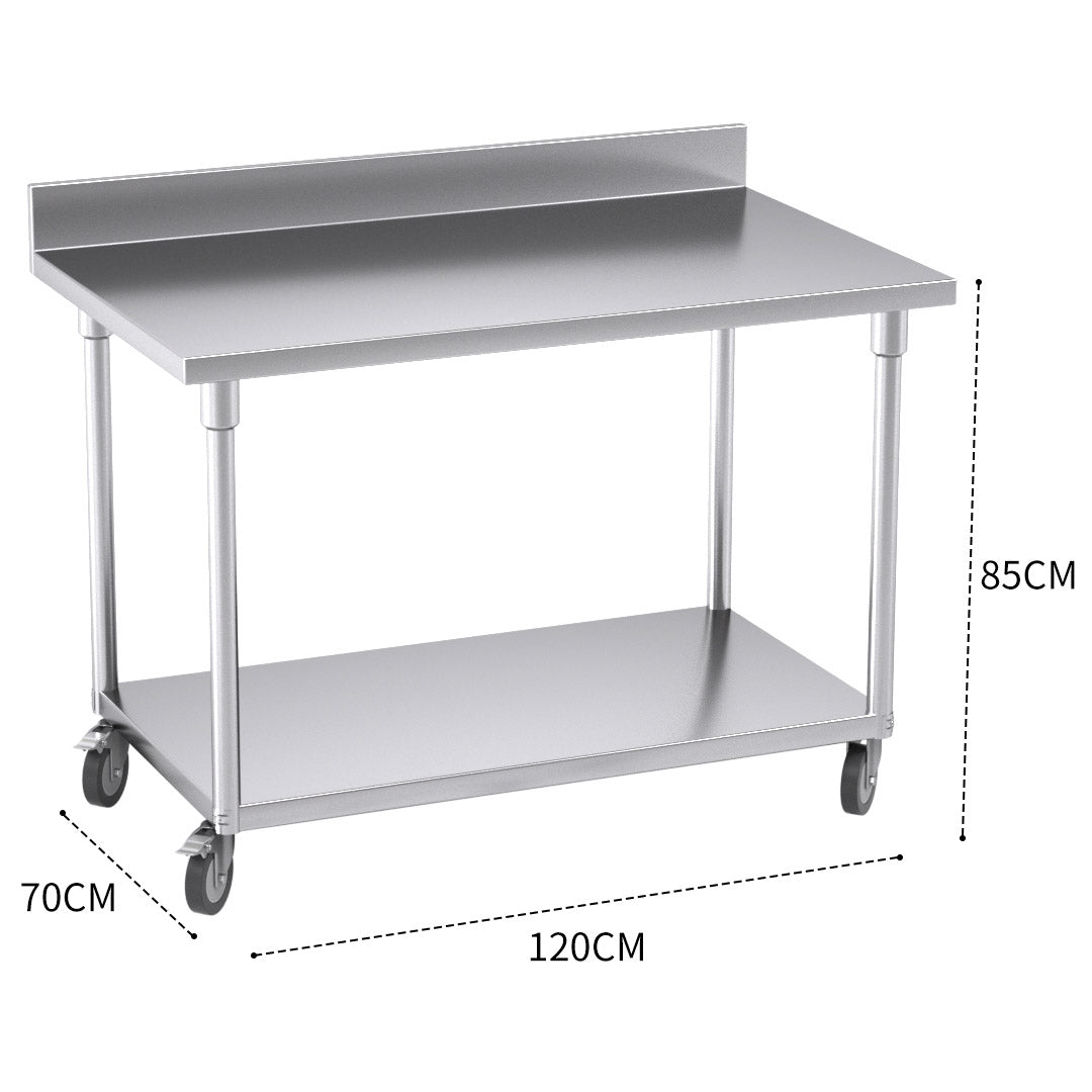 120cm Commercial Kitchen Stainless Steel Work Bench with Backsplash and Caster Wheels