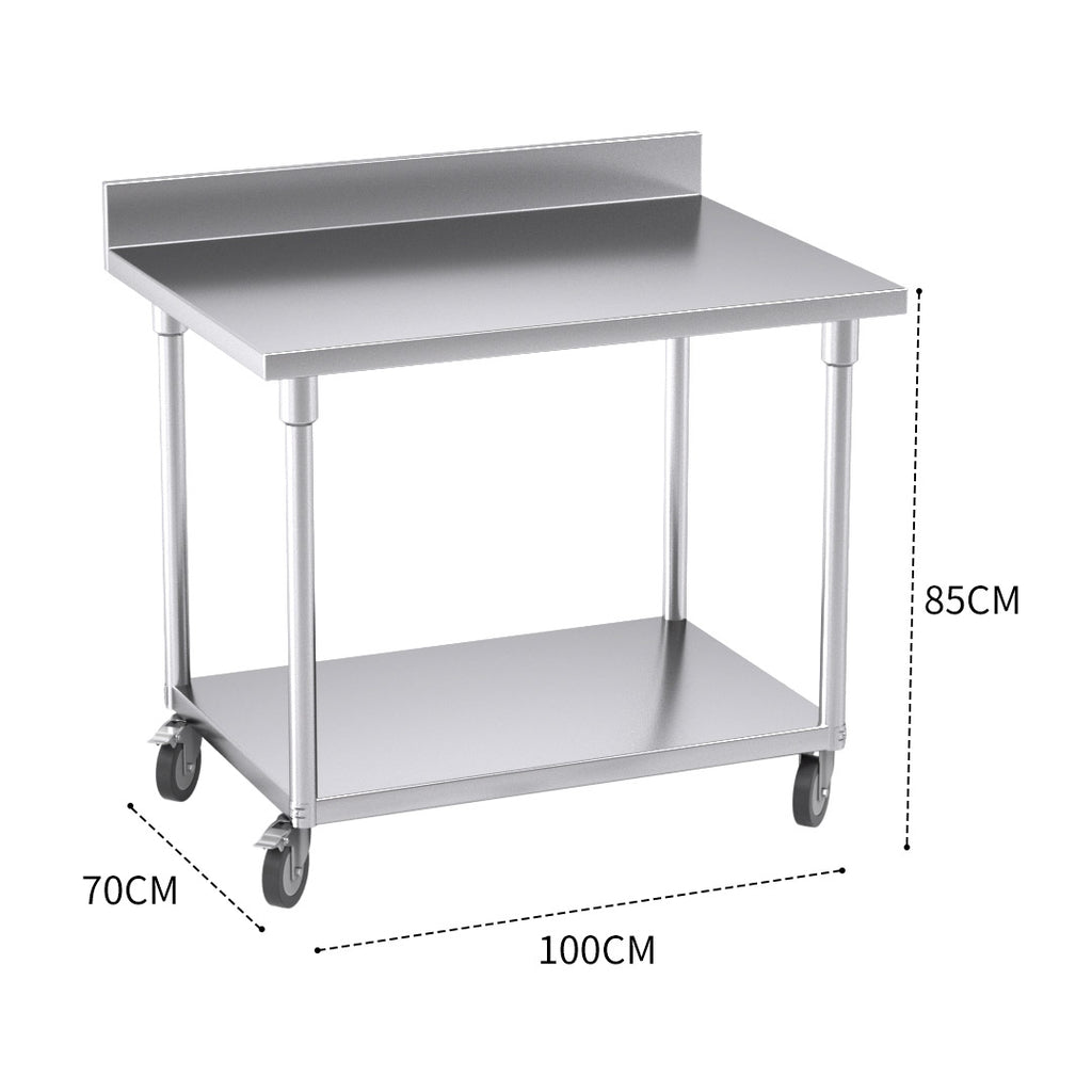 100cm Commercial Kitchen Stainless Steel Work Bench with Backsplash and Caster Wheels