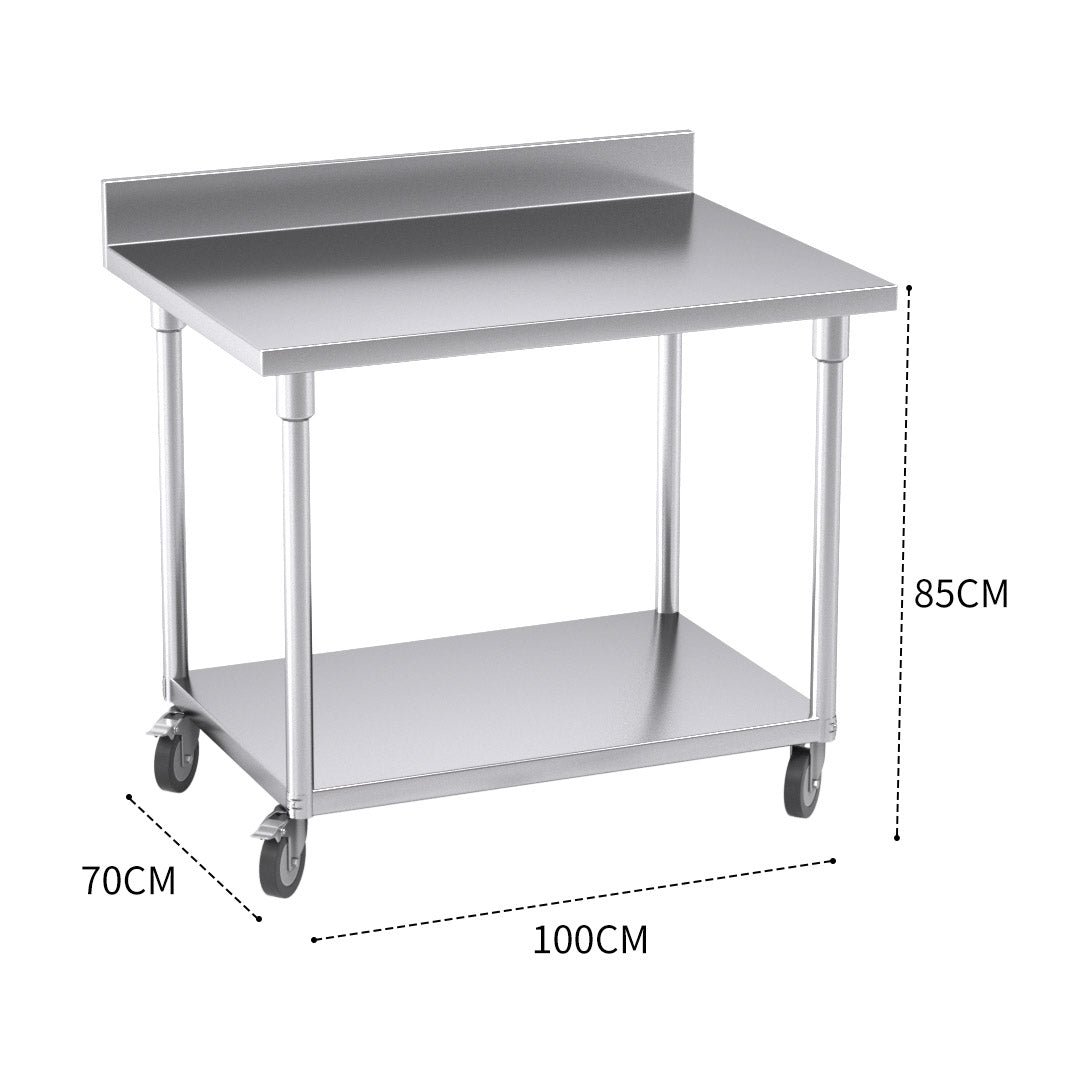 100cm Commercial Kitchen Stainless Steel Work Bench with Backsplash and Caster Wheels