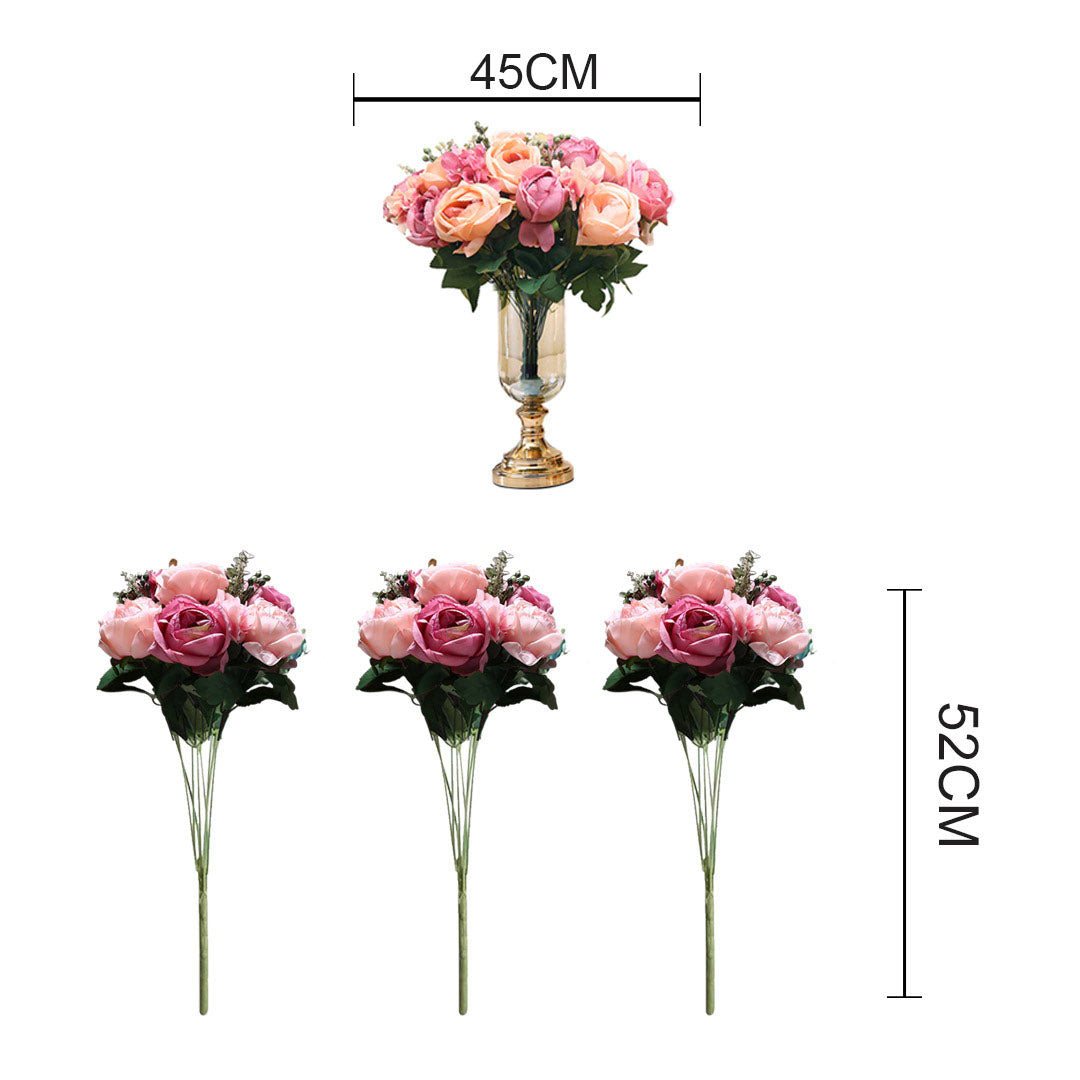 3pcs Artificial Silk with 15 Heads Rose Pink
