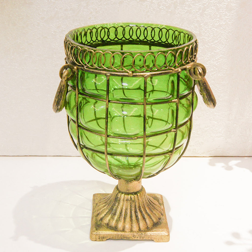 Green European GlassFlower Vase with Metal Handle