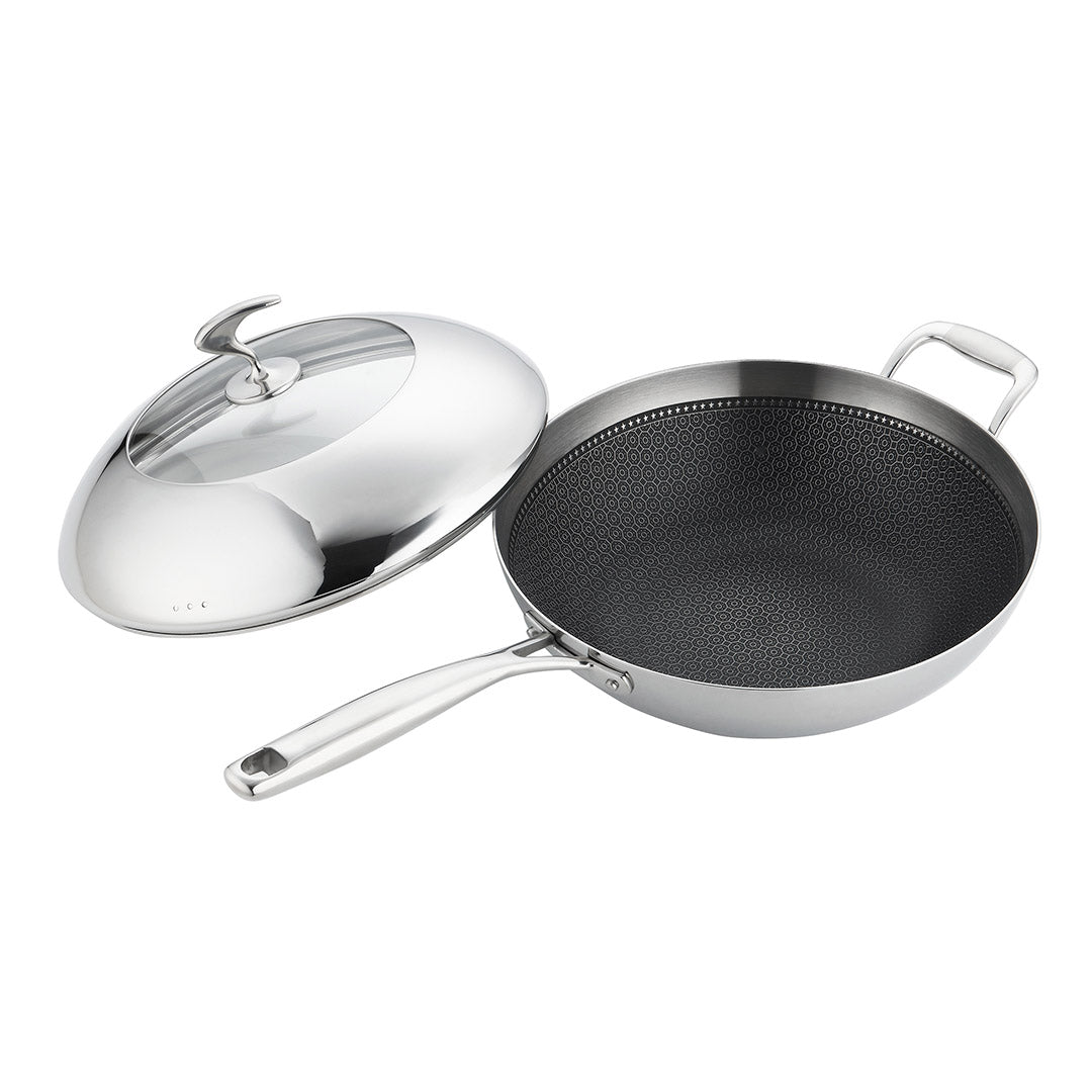 18/10 Stainless Steel 32cm Frying Pan Non Stick Interior with Helper Handle and Lid
