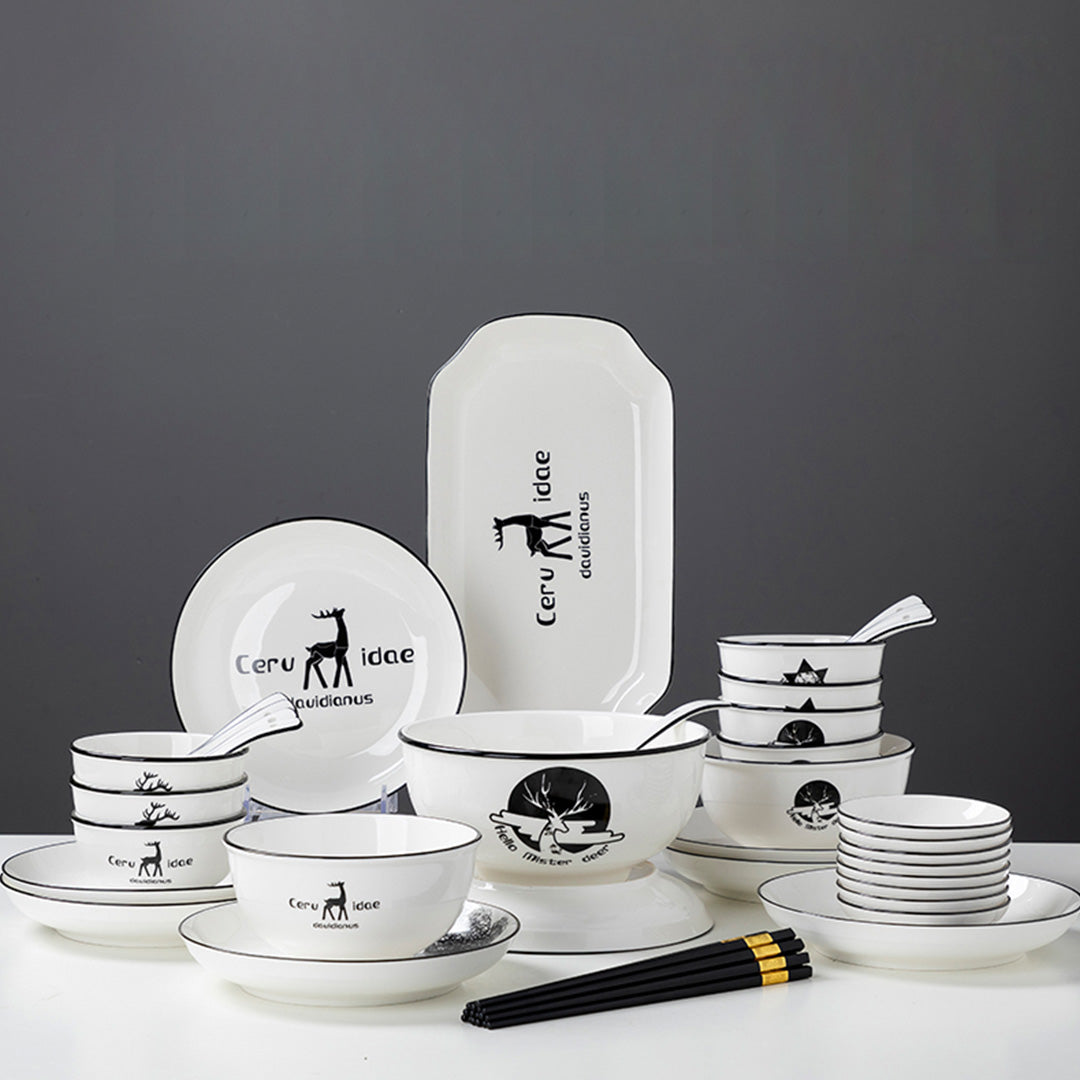 White Antler Printed Ceramic Dinnerware Set of 28