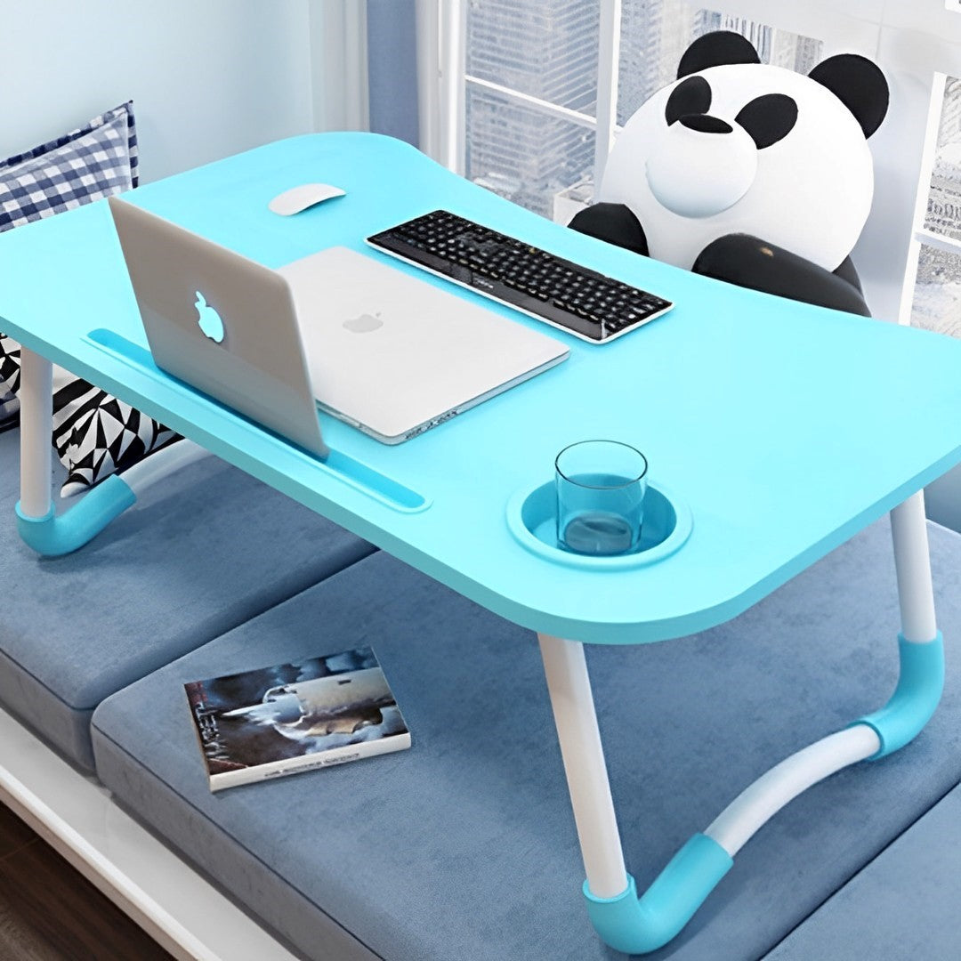 Blue Foldable Study Bed Table Adjustable Portable Desk Stand With Notebook Holder and Cup Slot