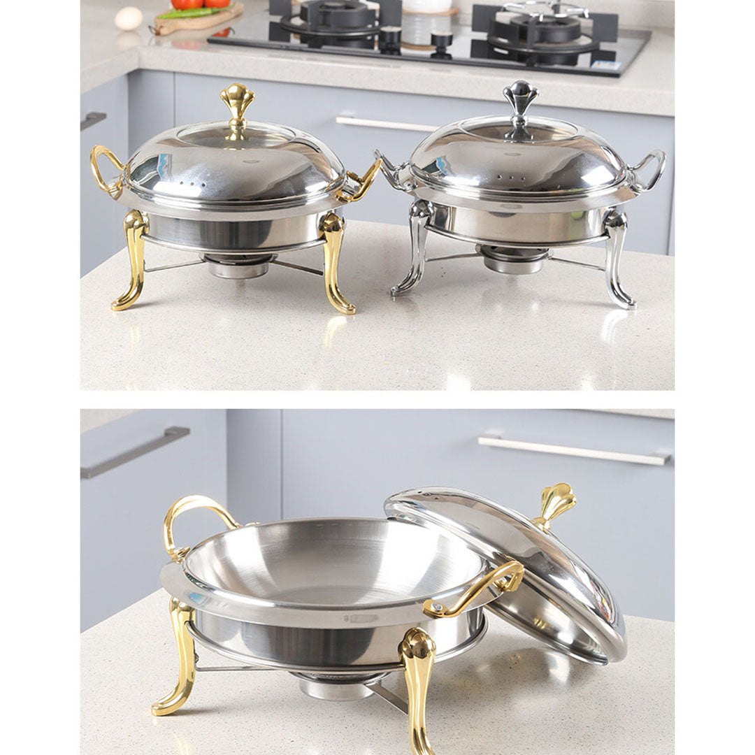 Stainless Steel Gold Accents Round Chafing Dish with Glass Top Lid
