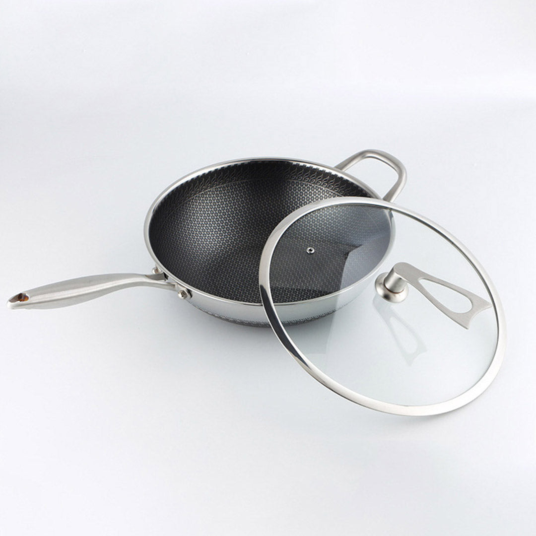 34cm Stainless Steel Frying Pan with Glass Lid and Helper Handle