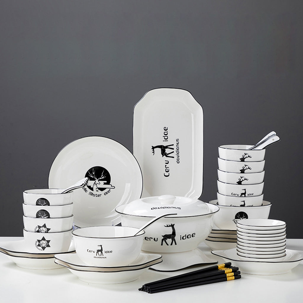 White Antler Printed Ceramic Dinnerware Set of 34