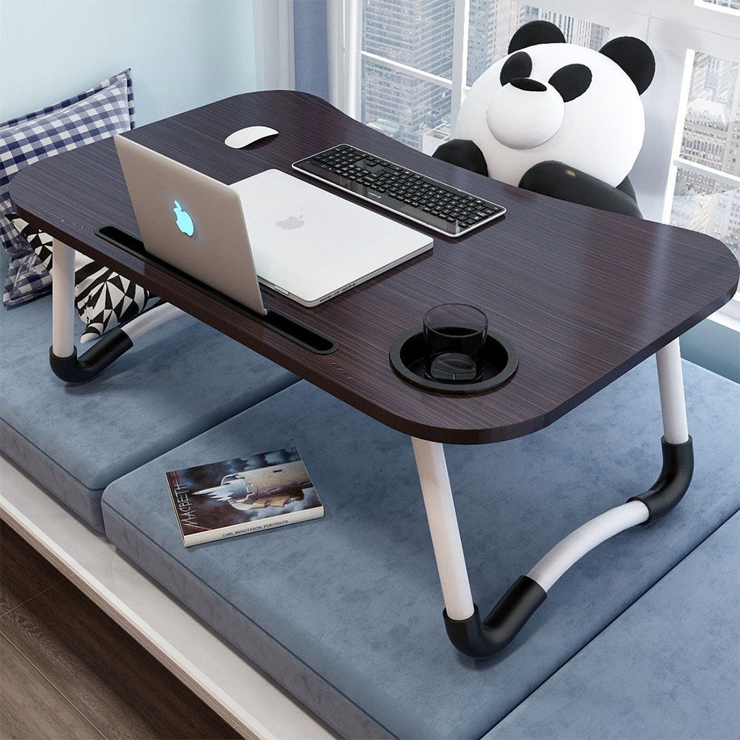 Black Foldable Study Bed Table Adjustable Portable Desk Stand With Notebook Holder and Cup Slot