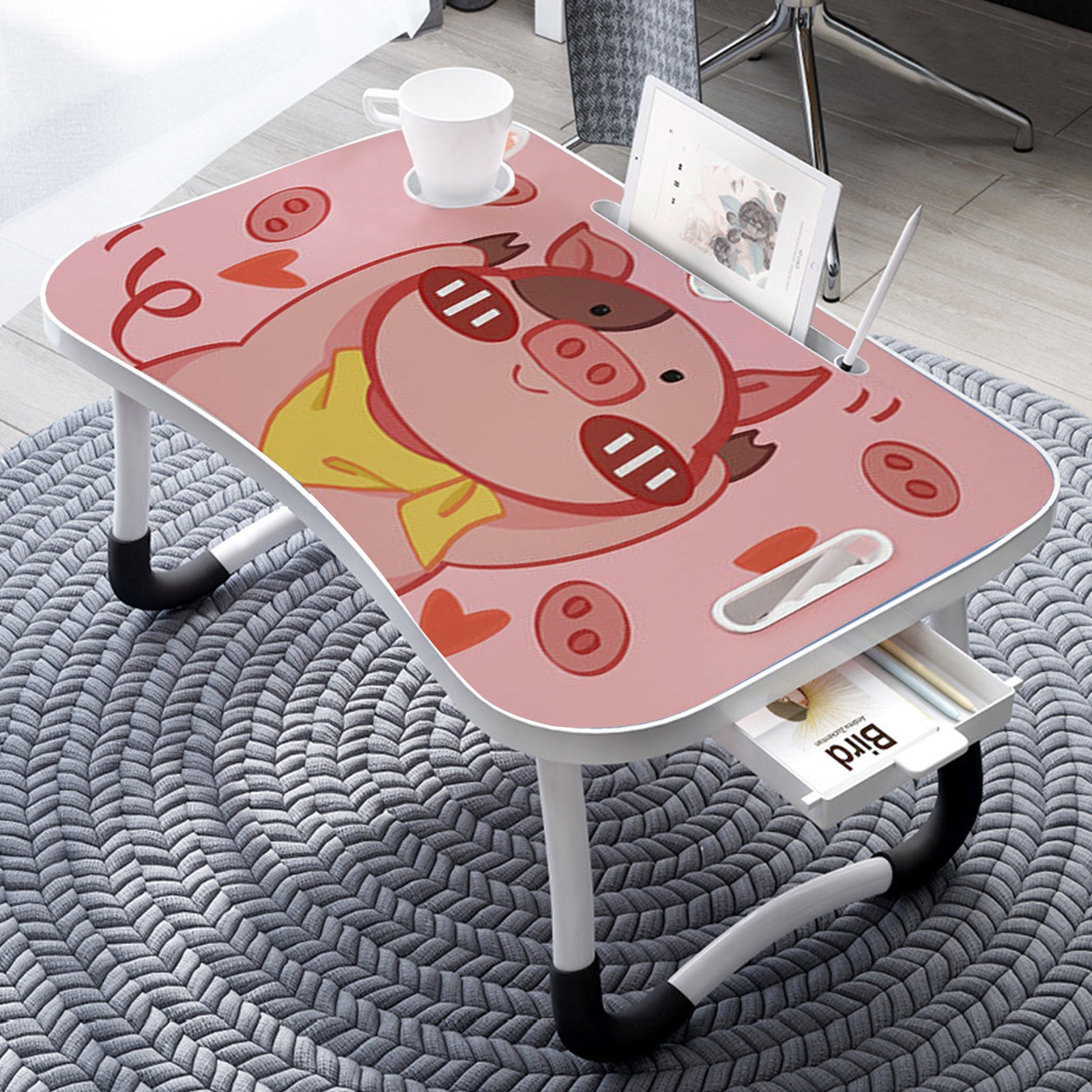 Pink Cute Pig Design Foldable Study Bed Table Adjustable Portable Desk Stand With Notebook Holder and Cup Slot