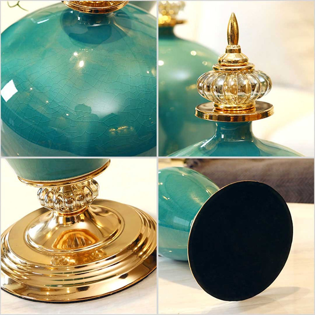 40cm Ceramic Vase with Gold Metal Base Green