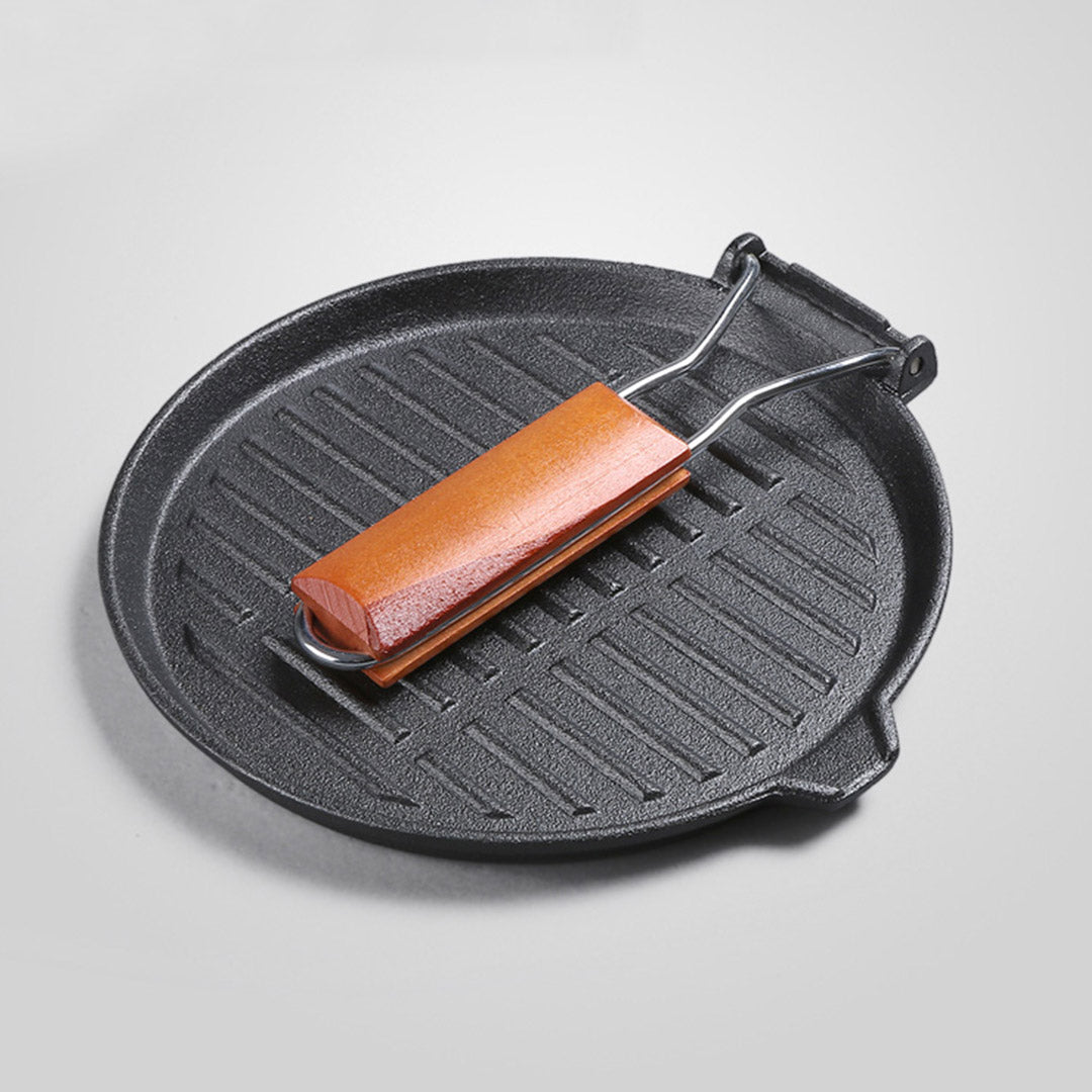 24cm Round Ribbed Cast Iron Skillet Pan with Folding Wooden Handle