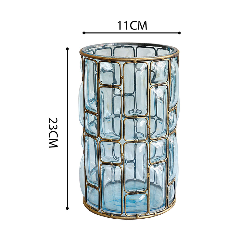 Blue European Glass Flower Vase with Gold Metal Pattern