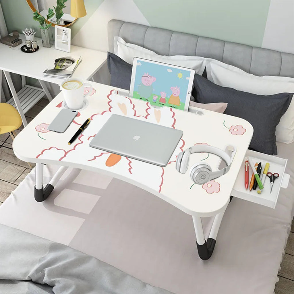 White Cute Rabbit Design Foldable Study Bed Table Adjustable Portable Desk Stand With Notebook Holder And Cup Slot