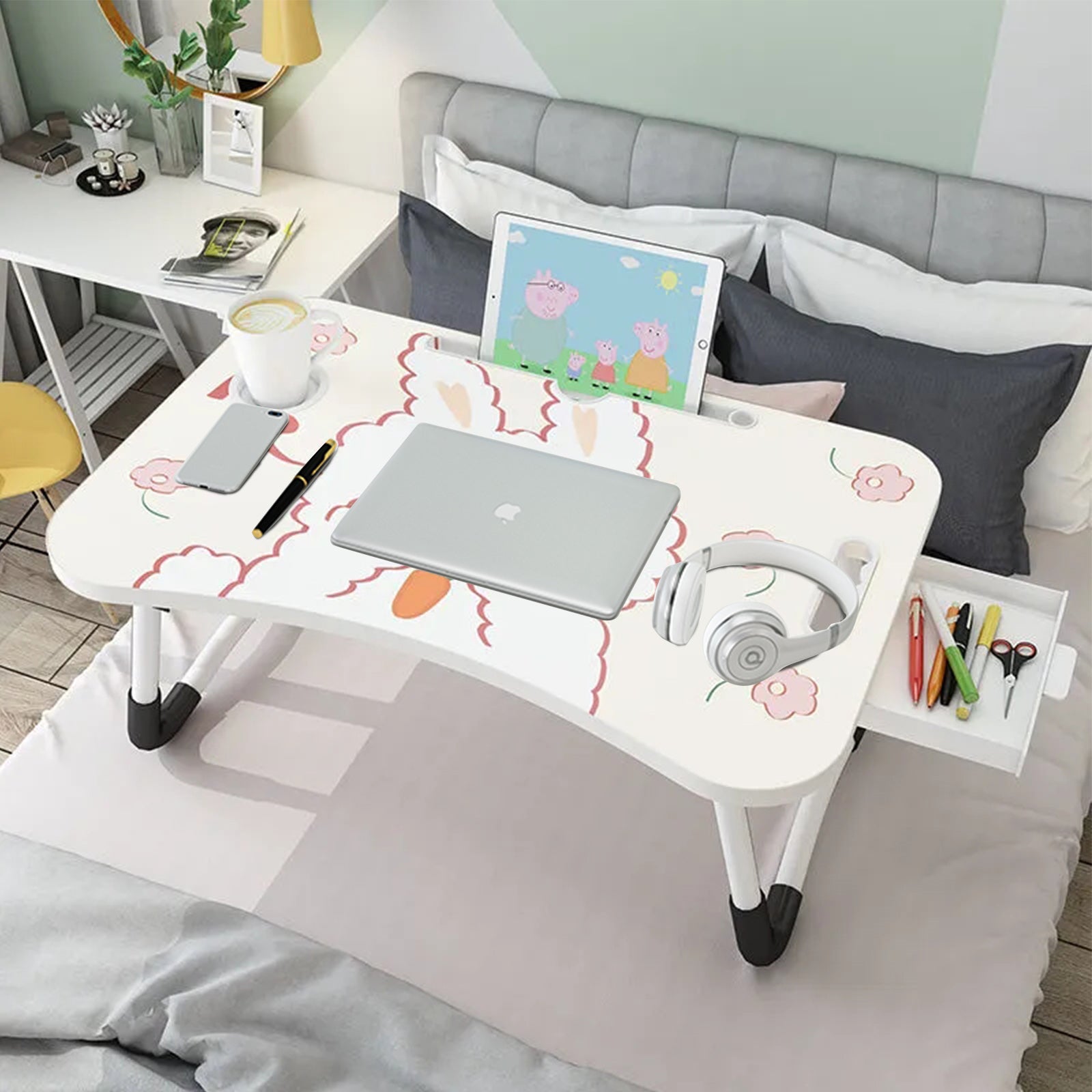 White Cute Rabbit Design Foldable Study Bed Table Adjustable Portable Desk Stand With Notebook Holder And Cup Slot