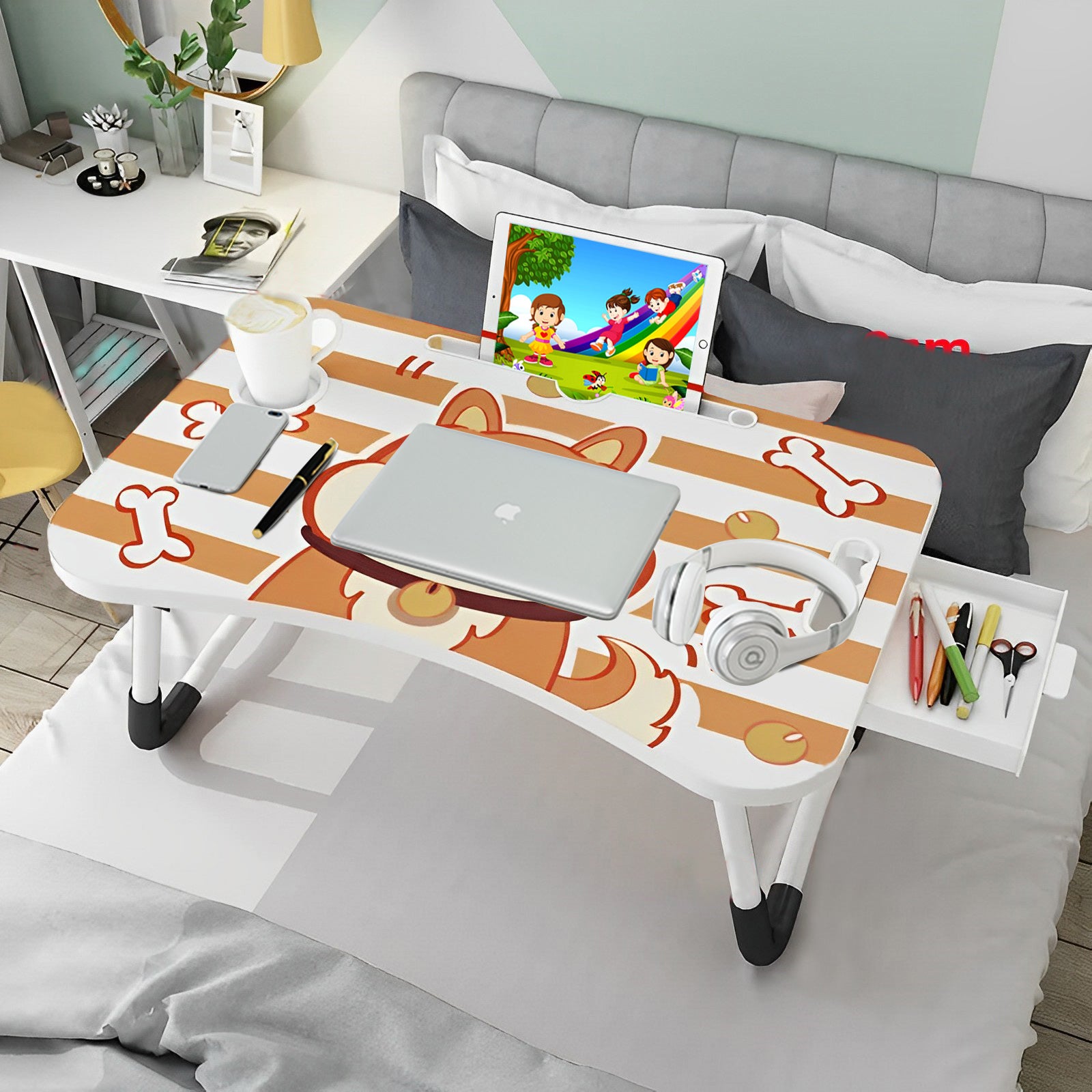Brown Cute Dog Design Foldable Study Bed Table Adjustable Portable Desk Stand With Notebook Holder And Cup Slot