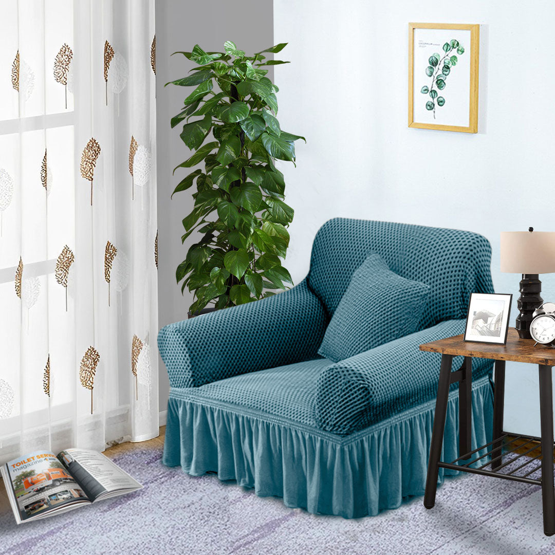 Blue Colored 1- Seater Sofa Cover with Ruffled Skirt