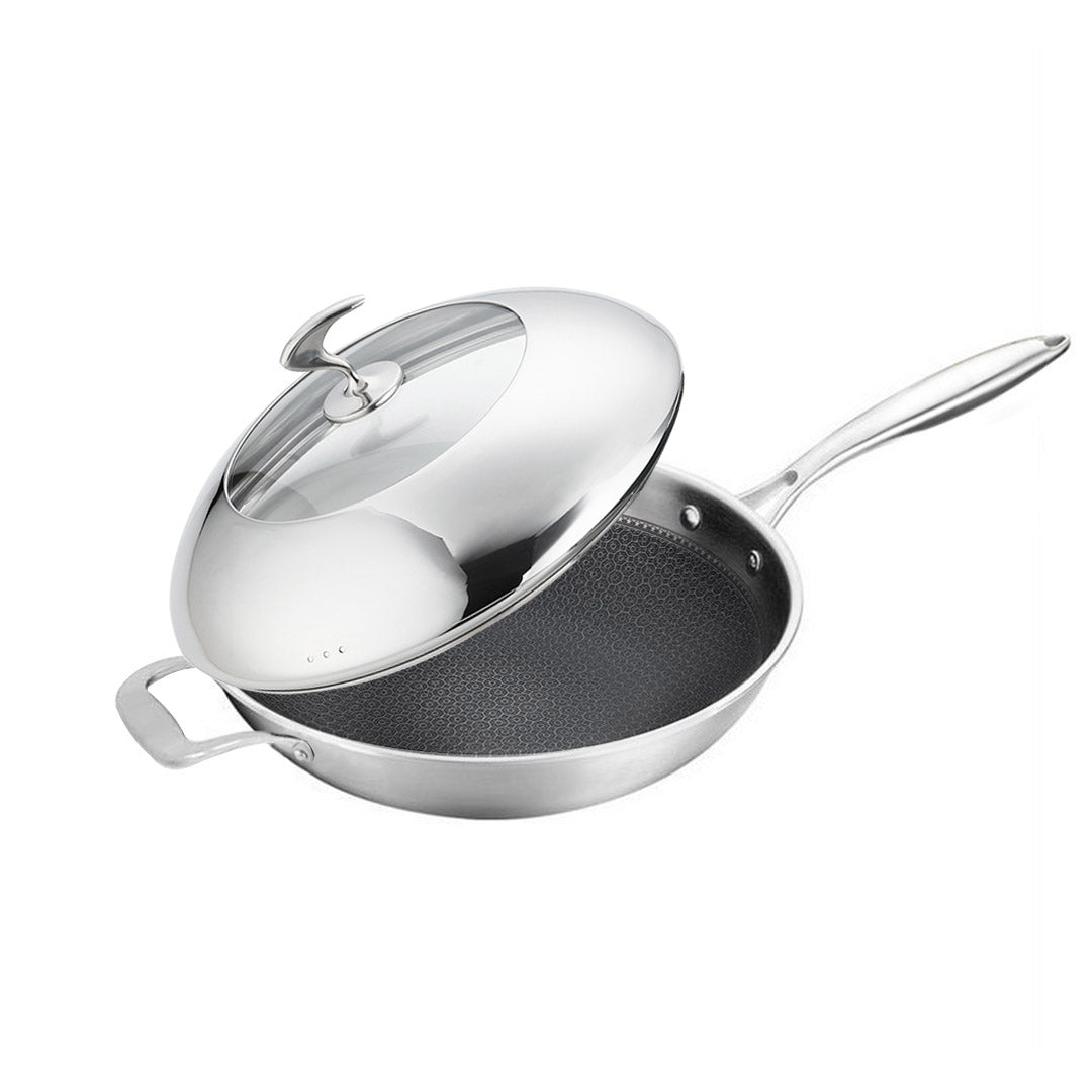 18/10 Stainless Steel 32cm Frying Pan Non Stick Interior with Helper Handle and Lid