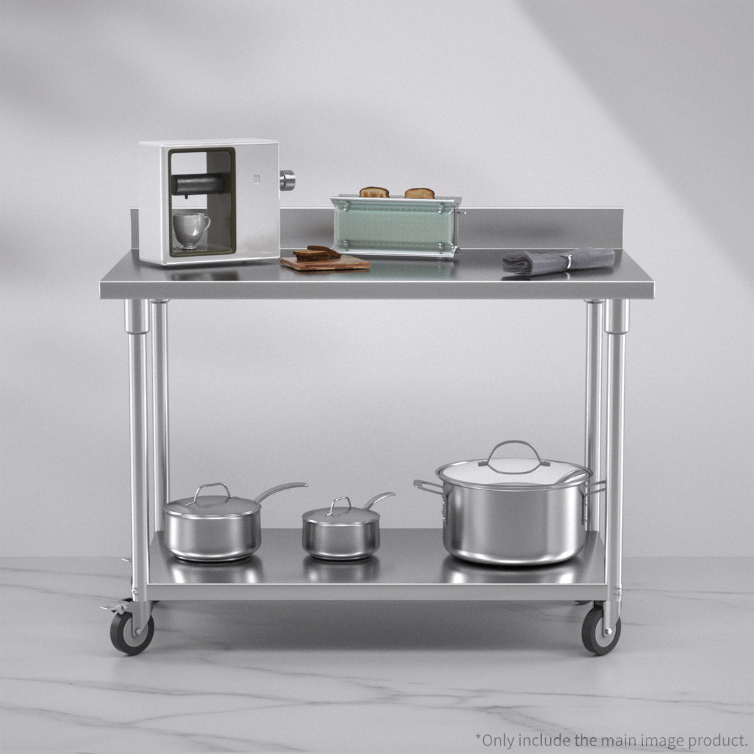 120cm Commercial Kitchen Stainless Steel Work Bench with Backsplash and Caster Wheels