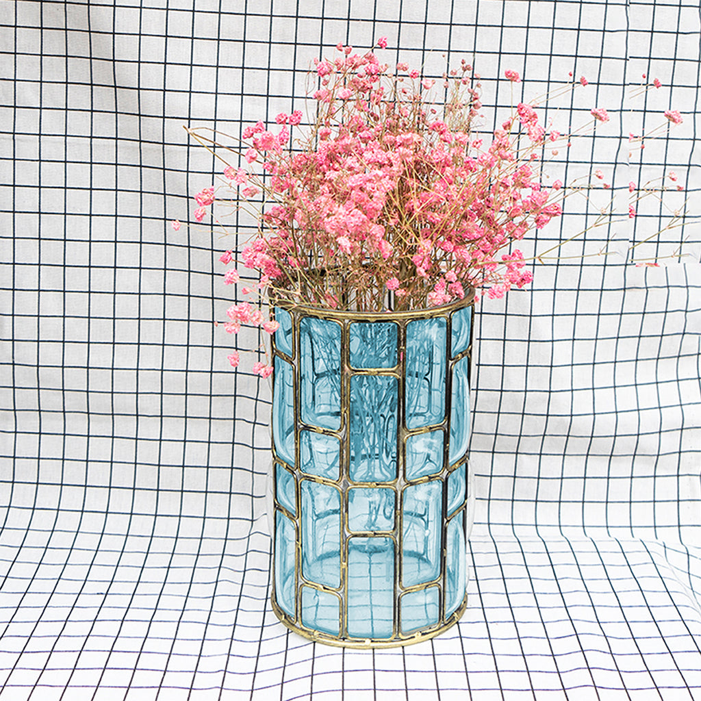 Blue European Glass Flower Vase with Gold Metal Pattern