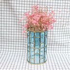 Blue European Glass Flower Vase with Gold Metal Pattern