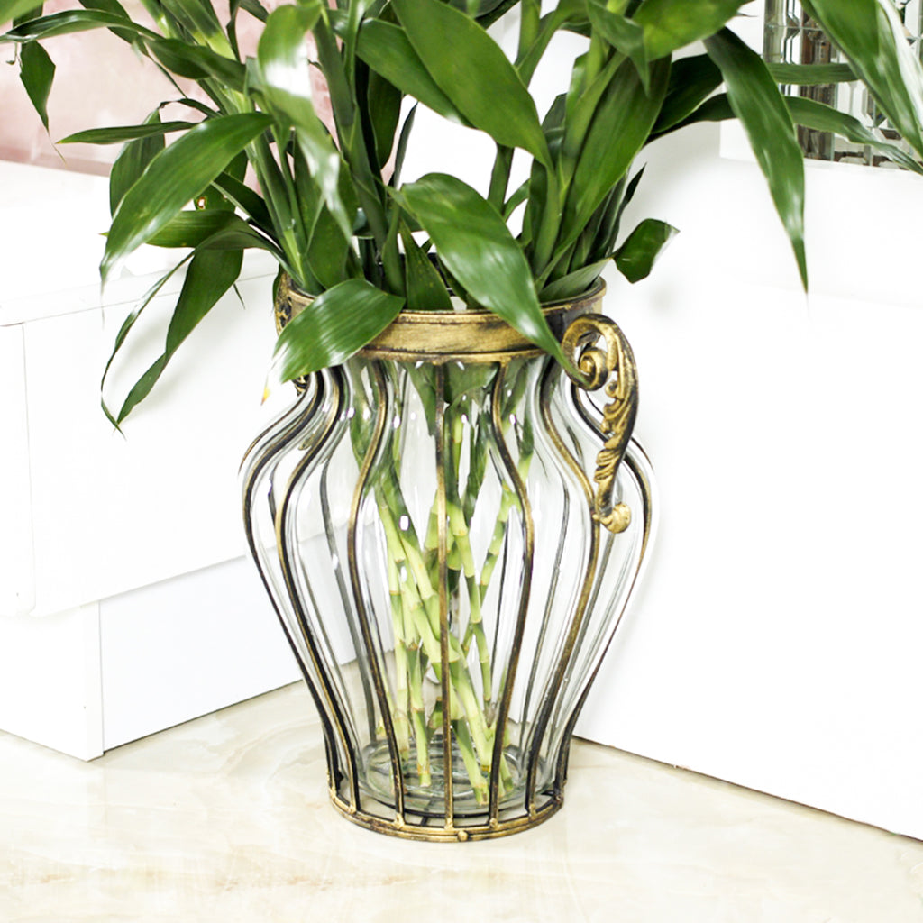 Clear European Glass Flower Vase with Two Metal Handle