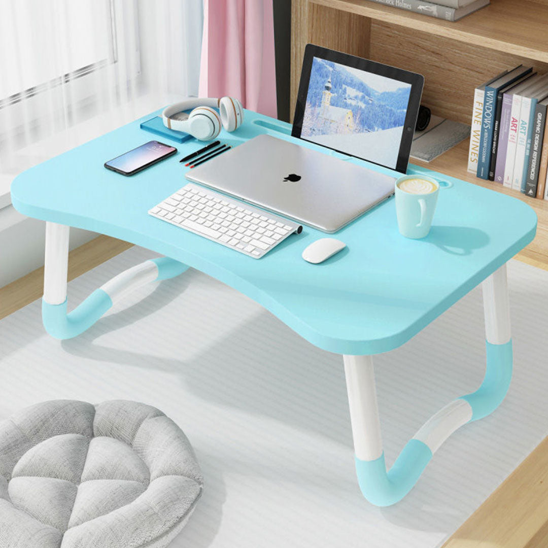 Blue Foldable Study Bed Table Adjustable Portable Desk Stand With Notebook Holder and Cup Slot