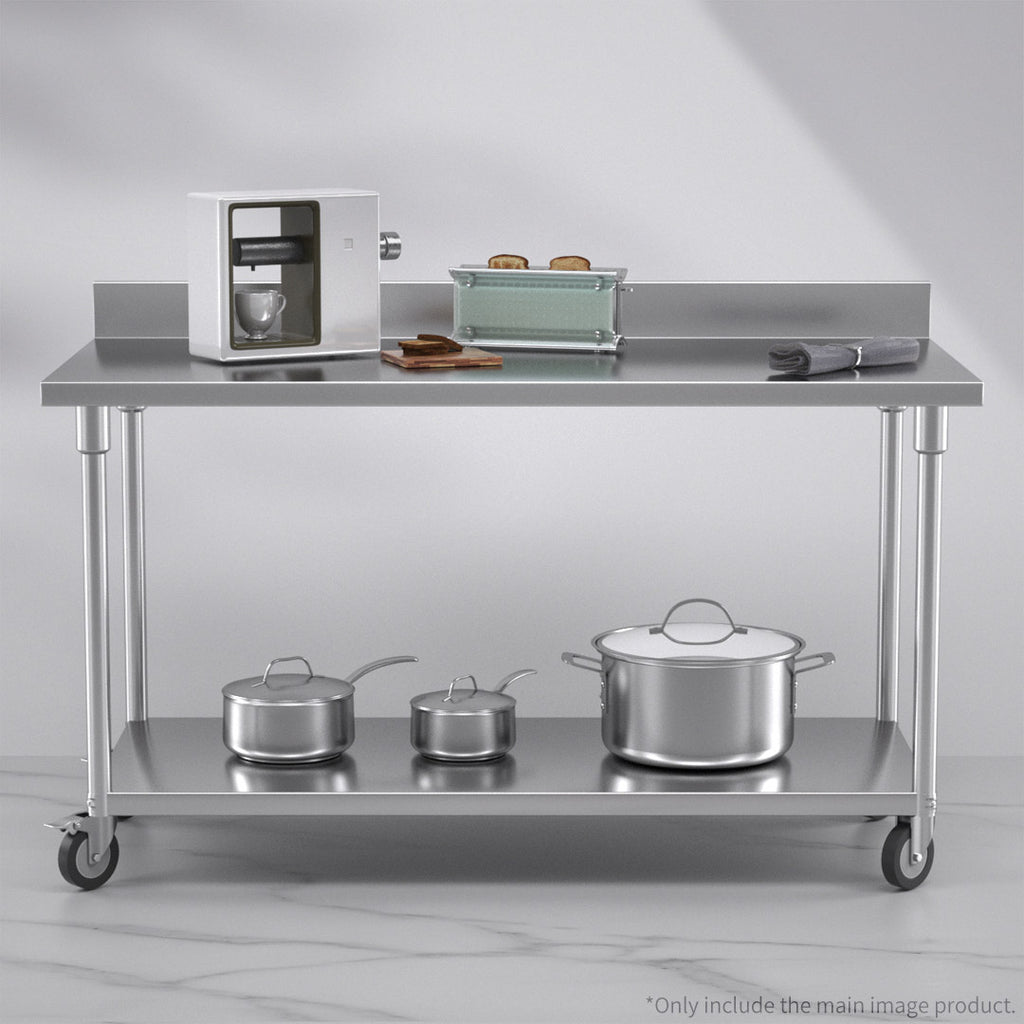 150cm Commercial Kitchen Stainless Steel Work Bench with Backsplash and Caster Wheels