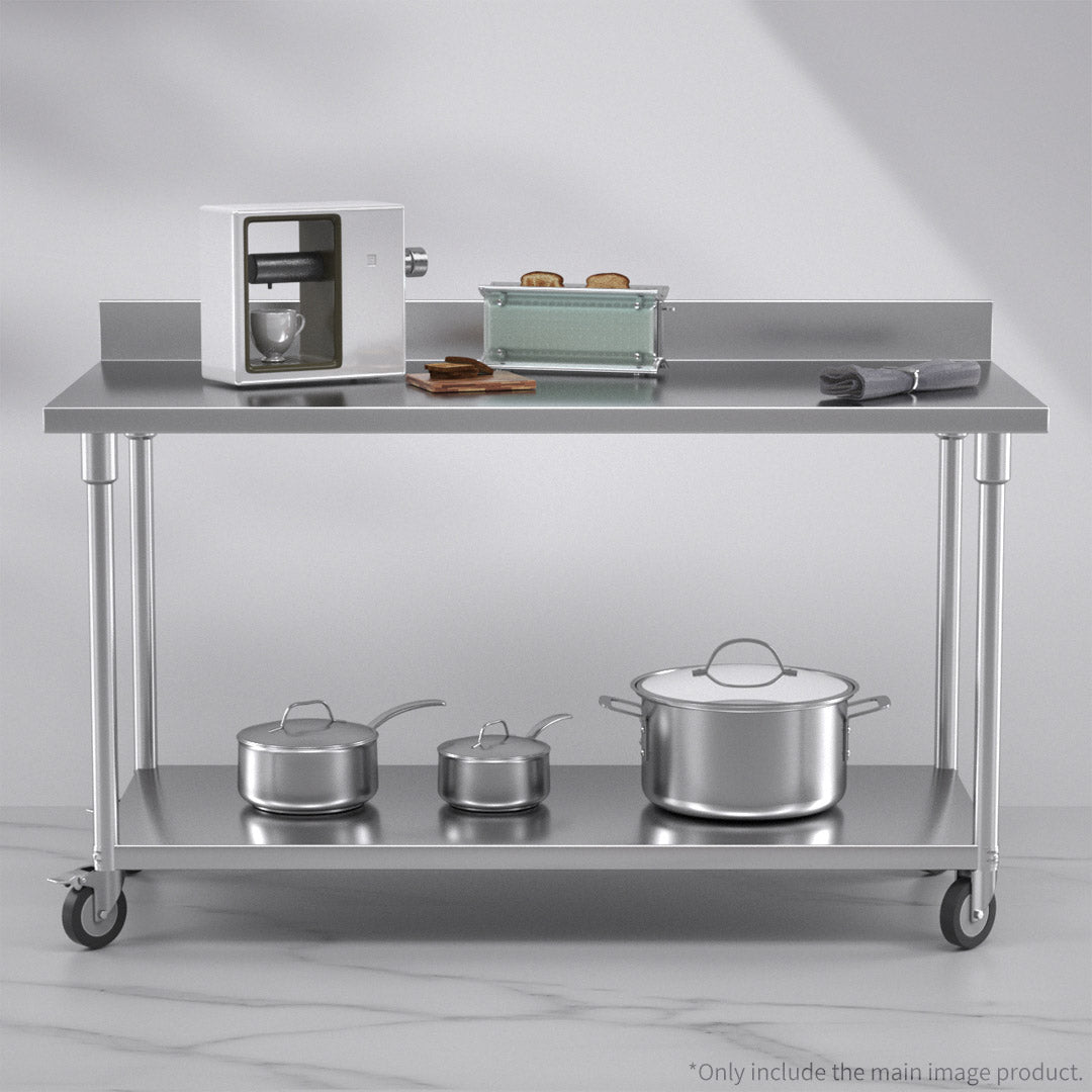 150cm Commercial Kitchen Stainless Steel Work Bench with Backsplash and Caster Wheels