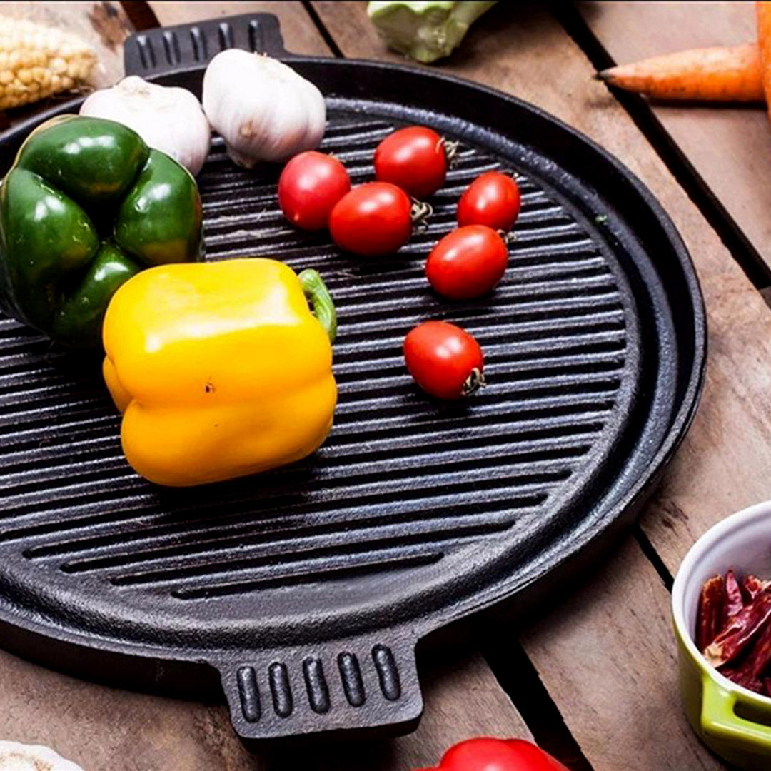 SOGA 43cm Round Ribbed Cast Iron Frying Pan with Handle