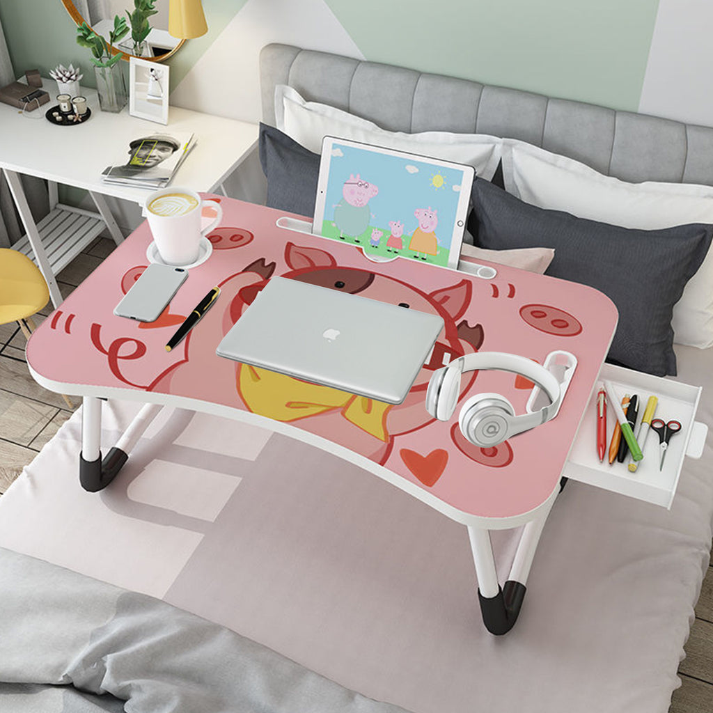 Pink Cute Pig Design Foldable Study Bed Table Adjustable Portable Desk Stand With Notebook Holder and Cup Slot
