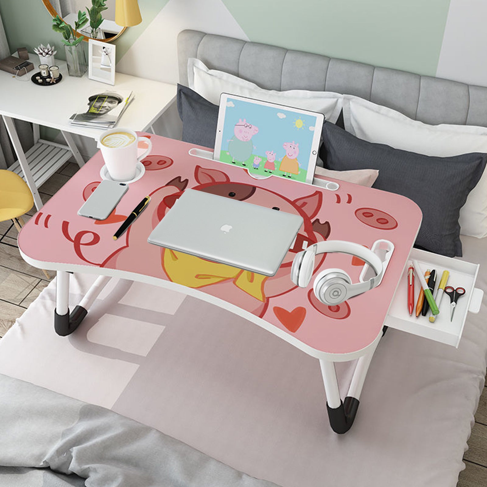 Pink Cute Pig Design Foldable Study Bed Table Adjustable Portable Desk Stand With Notebook Holder and Cup Slot