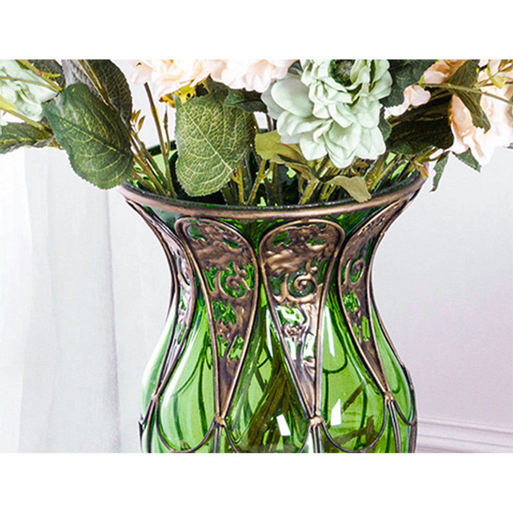 85cm Green Glass Floor Vase and 12pcs Dark Pink Artificial Flower Set