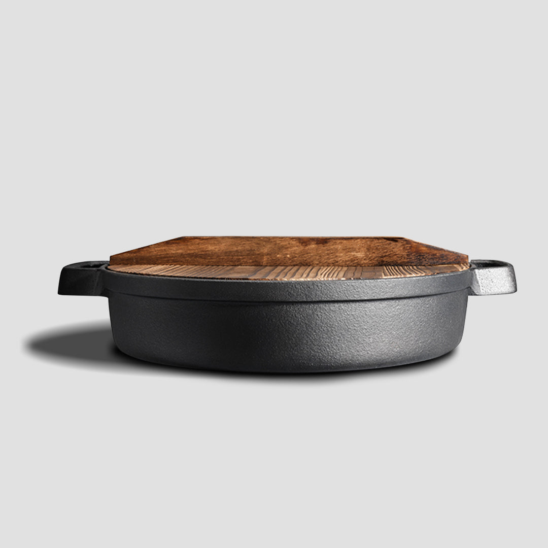 31cm Round Cast Iron Frying Pan with Wooden Lid