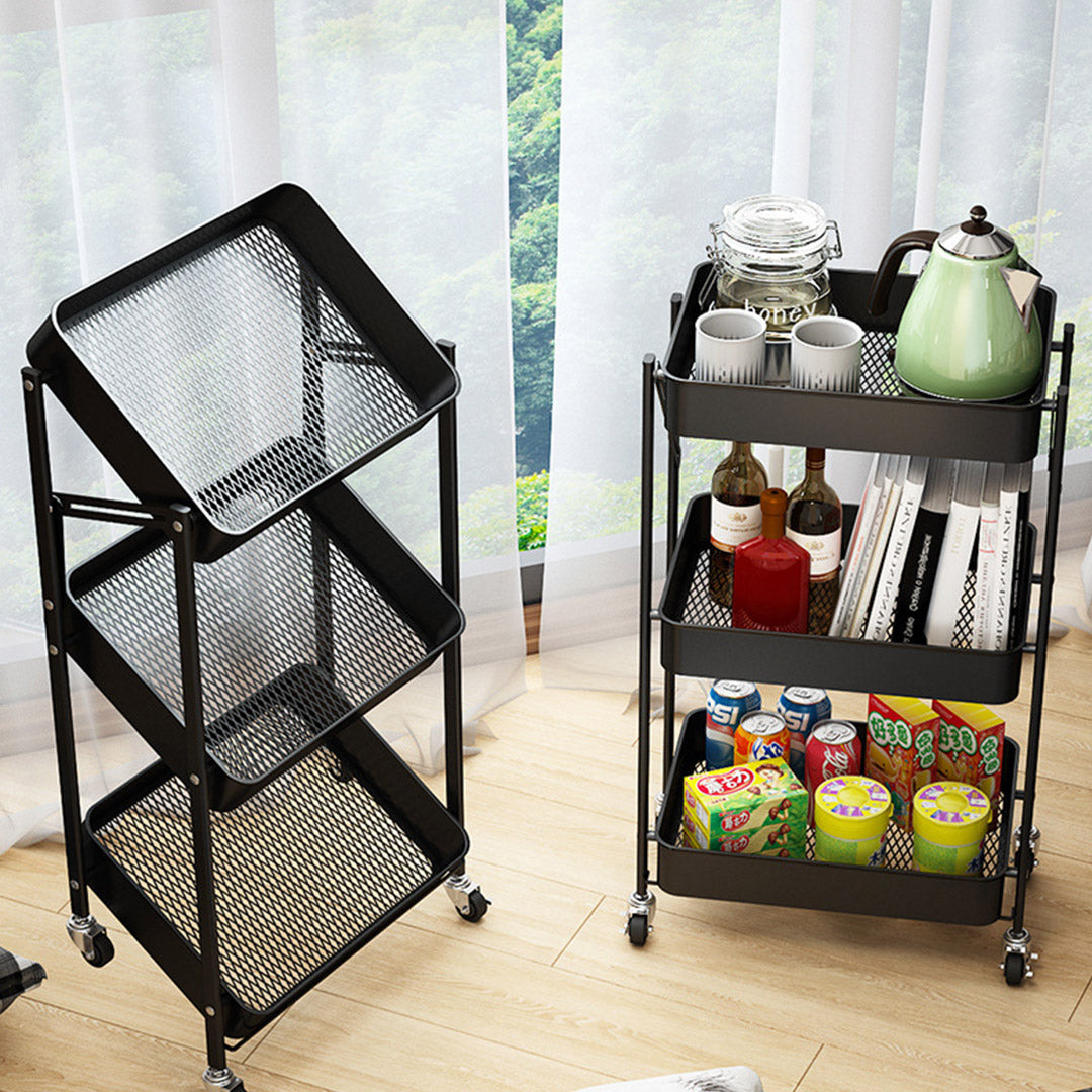 3 Tier Steel Black Foldable Kitchen Cart