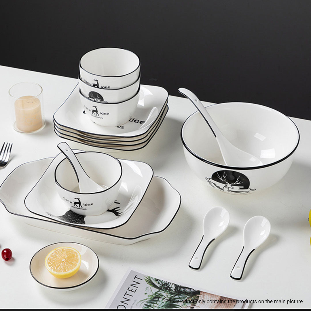 White Antler Printed Ceramic Dinnerware Set of 34