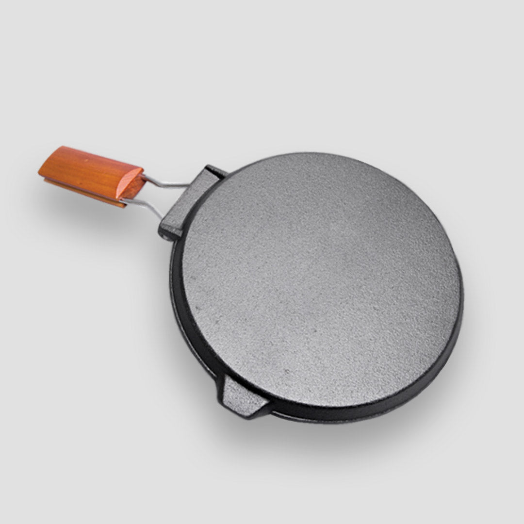 24cm Round Ribbed Cast Iron Skillet Pan with Folding Wooden Handle