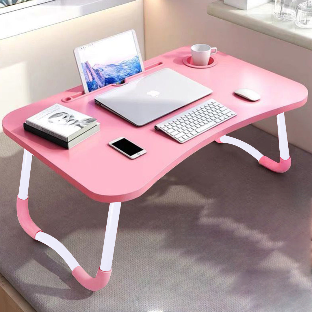 Pink Foldable Study Bed Table Adjustable Portable Desk Stand With Notebook Holder and Cup Slot