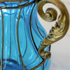 Blue Glass Flower Vase with 8 Bunch 3 Heads Artificial Silk Hibiscus Set